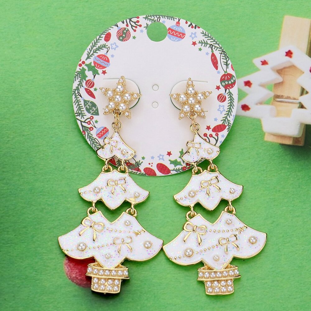 White Glitter Christmas Tree Earrings